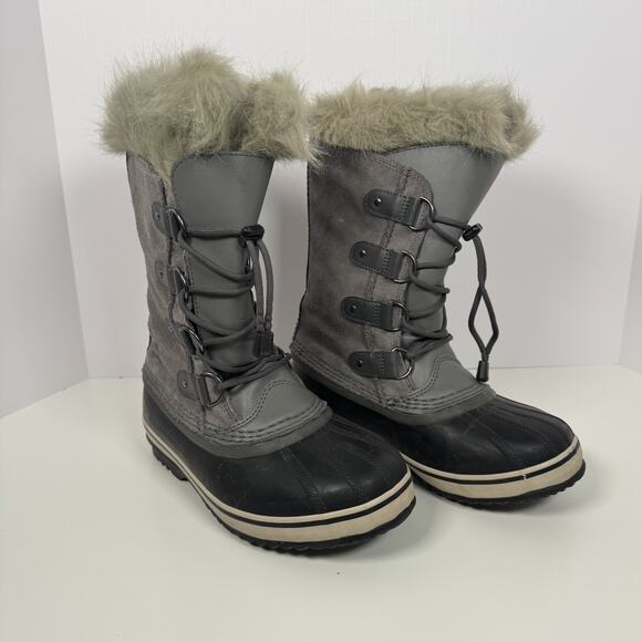 Sorel Boots Girls 5 Gray Black Suede Joan of Arctic Duck Winter Snow Faux Fur - Picture 1 of 5